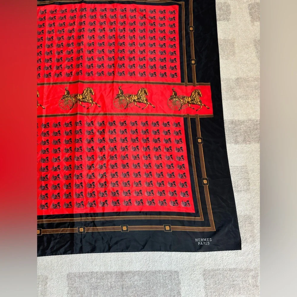 Vintage Hermes Paris Silk Horse and Carriage Scarf Red and Black - Picture 4 of 15